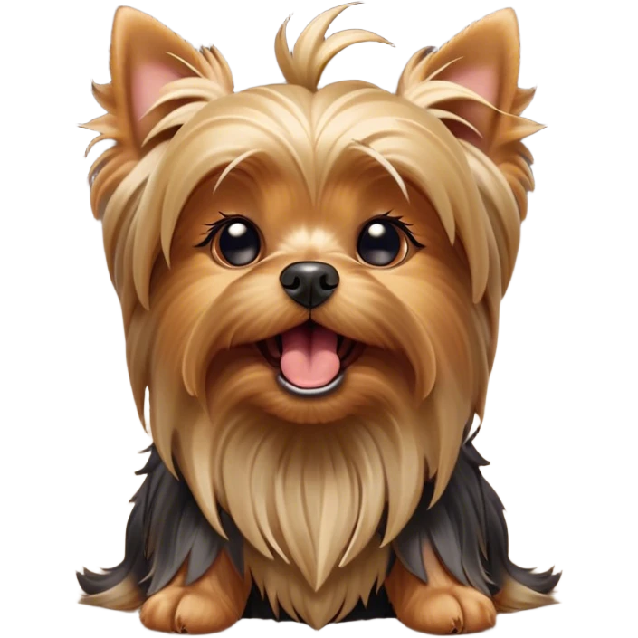 Cinematic Cute Yawning Yorkshire Terrier Portrait Emoji, Head tilted with a playful, drowsy expression and droopy, adorable eyes, featuring a soft, well-groomed fur in rich hues, simplified yet irresistibly endearing, highly detailed, glowing with a warm, cozy radiance, high shine, exuding a relaxed yet spunky charm, styled with a gentle, soft glowing outline, capturing the essence of a Yorkshire Terrier mid-yawn that seems as if it could cuddle right off the screen! emoji