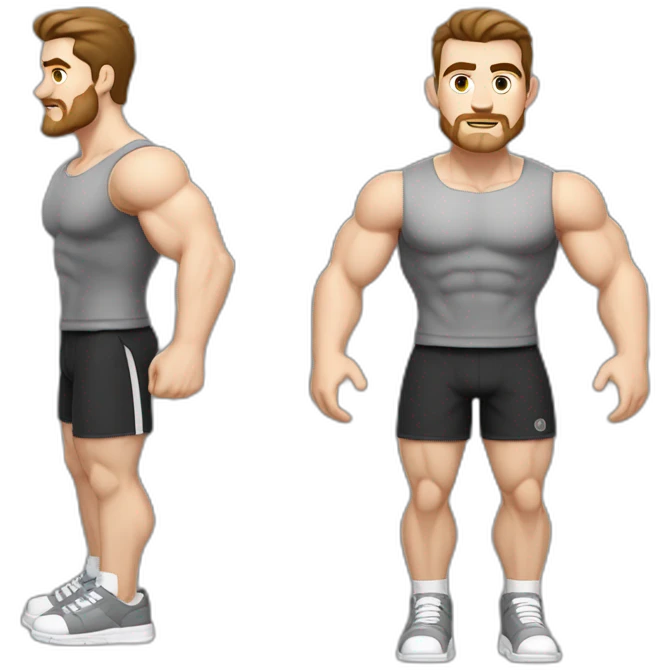 Pale skinned Fit Man With the biceps and dark brown hair in black shirt, gray sports shorts and white Sneakers emoji