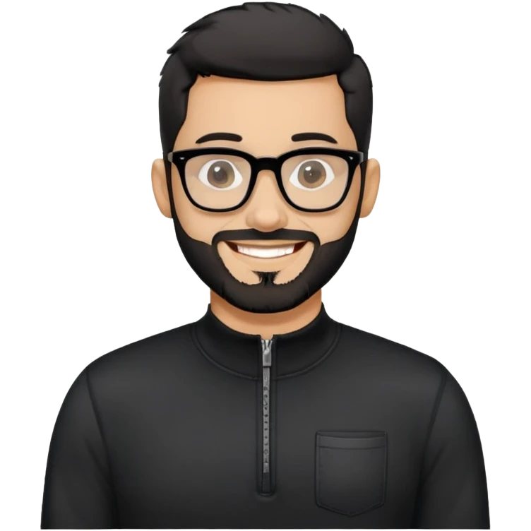 Light-skinned man with very short black hair, short salt and pepper beard, big black glasses frames, happy smile, black long sleeve zip-neck shirt emoji