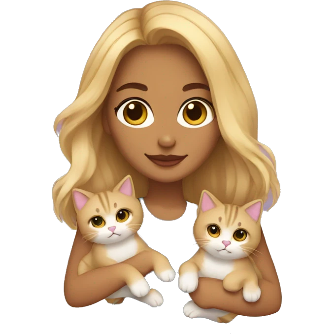 Blonde woman with shoulder length hair, brown eyes and light olive skin tone holding 5 kitten cats emoji