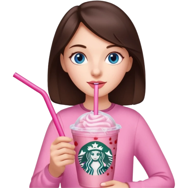 make an emoji of a brunette blue eye girl wearing light pink drinking a strawberry acai refresher from starbucks emoji