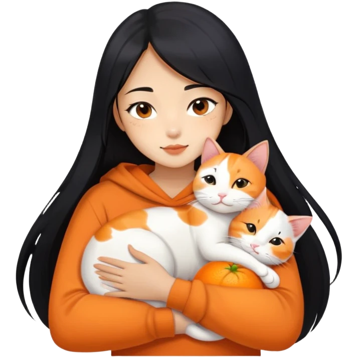Oriental Asian girl with long black hair snuggling with an orange and white cat, cat is mostly white with orange patches, the girl is holding the cat lovingly emoji