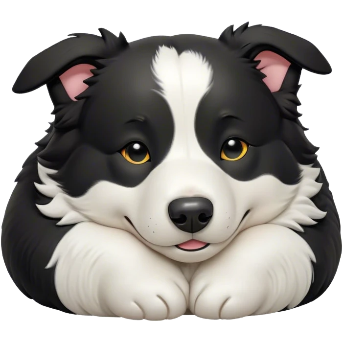 Cinematic Meme-Worthy Chubby Sleeping Border Collie Portrait Emoji, Head resting peacefully with a contented smile, showcasing a delightfully chubby build and a luxuriously soft black and white coat, eyes shut in a serene nap, Simplified yet hilariously adorable features, highly detailed, glowing with a soft, drowsy light, high shine, relaxed and utterly lovable, stylized with an air of playful laziness, bright and heartwarming, soft glowing outline, capturing the essence of a comically sleepy Border Collie, so meme-worthy it feels like it could instantly become the next viral sensation of adorable slumber! emoji