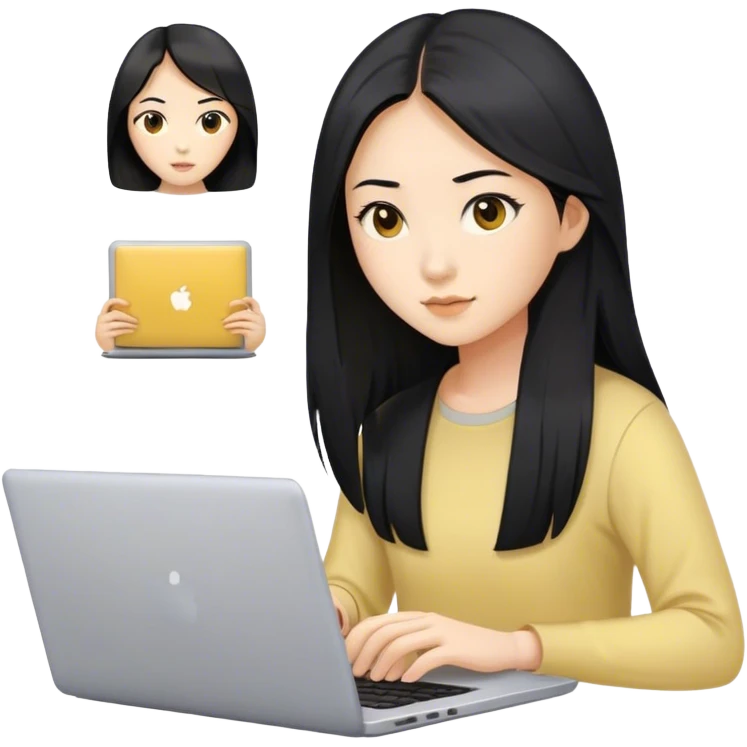 Long hair asian woman working on pale yellow laptop with brown eyes emoji