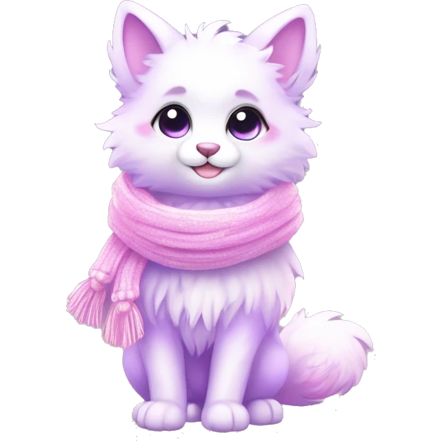 Kawaii cute gorgeous colorful sparkly bright light pastel lilac-pink-white-gradient fantasy ethereal fluffy fursona animal creature with a cute scarf full body emoji