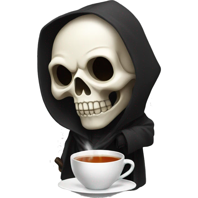 A skull face with white eyes and a black hooded robe drinking tea emoji