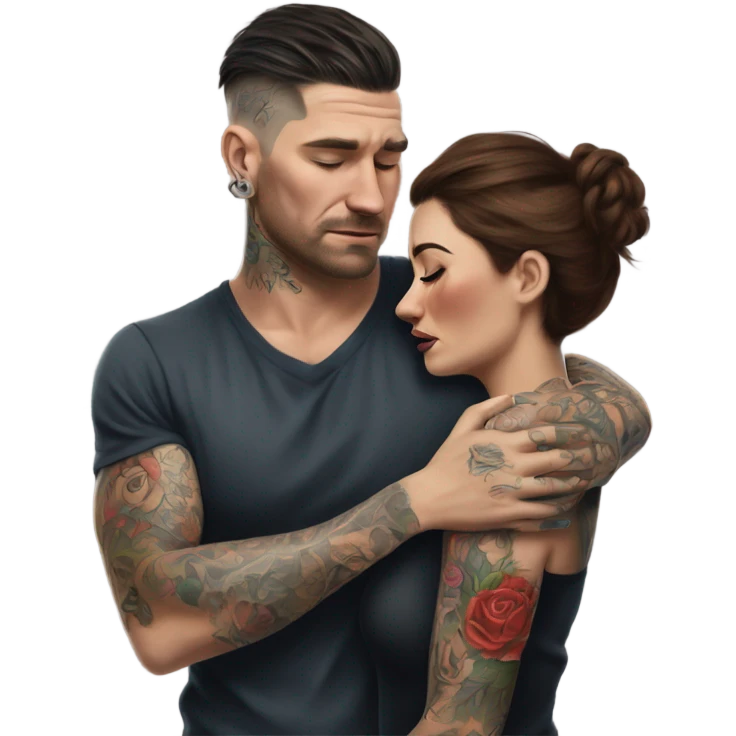 Hyper Realistic Beautiful tattooed woman crying in the arms of a handsome tattooed man  emoji