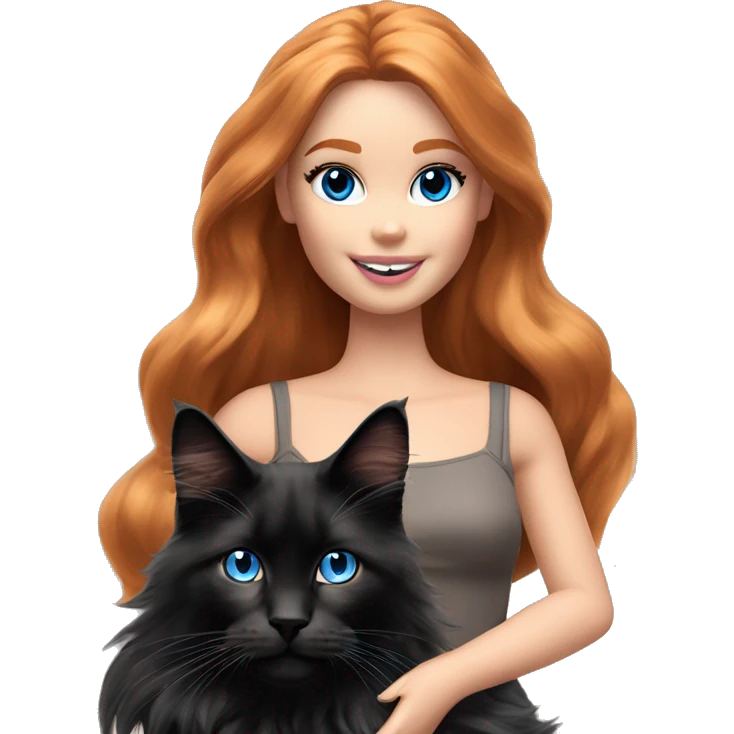 Barbie girl with long ginger hair and blue eyes Holds in her arms Black Maine coon emoji