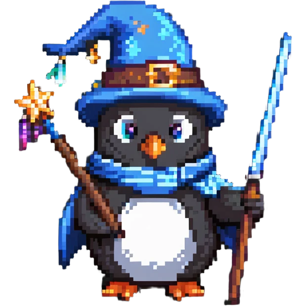 penguin wizard with magic wand and wizard hat emoji
