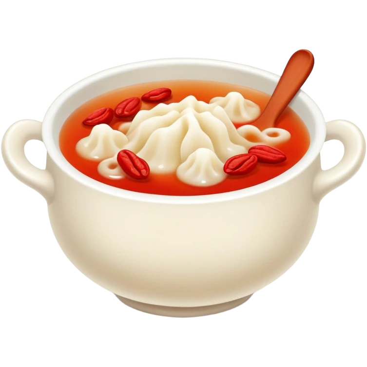 Sweet white fungus soup with red dates and goji berries, simplified emoji style with bold outlines and bright colors, cartoon style Yin Er Tang dessert emoji