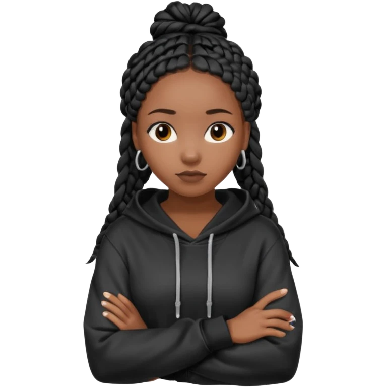African American dark skin girl with long black box braids wearing a plain black hoodie  with arms folded emoji