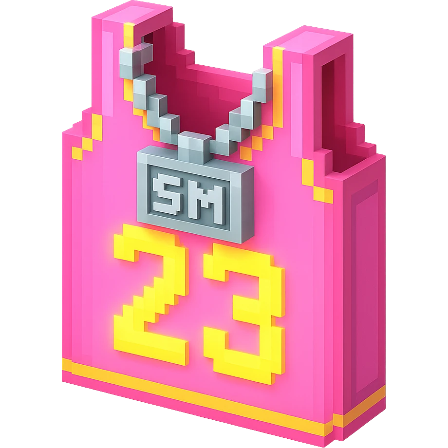 светящейся розовая баскетбольная майка с надписью "23" и серебряная цепь с надписью "SM", no background emoji