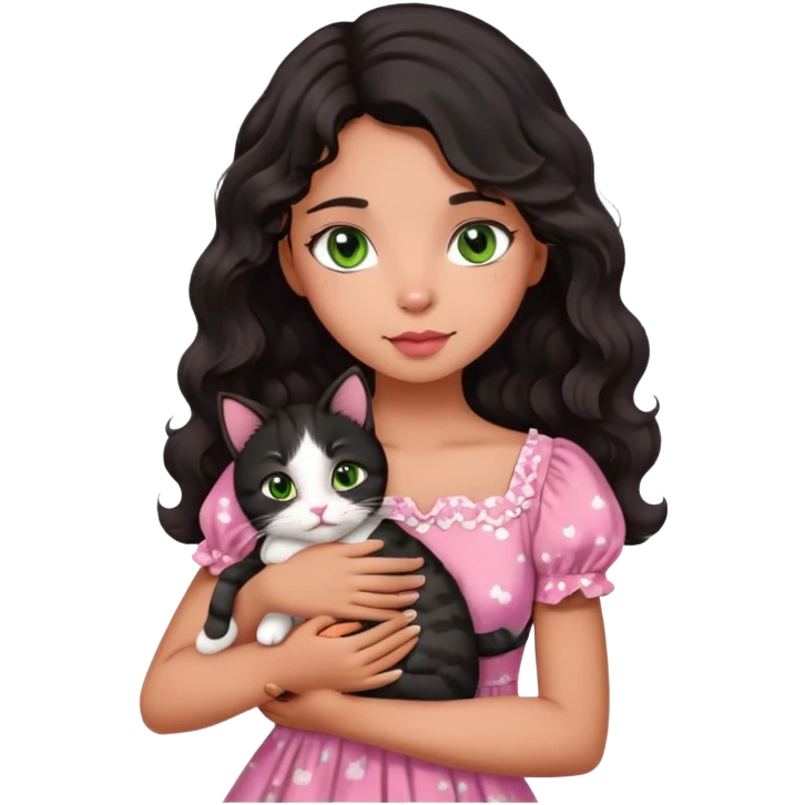 A tanned skin girl with medium length black wavy hair, wearing a pink cute dress, brown eyes, small lips, hugging a white with brown prints cat that has green eyes  emoji