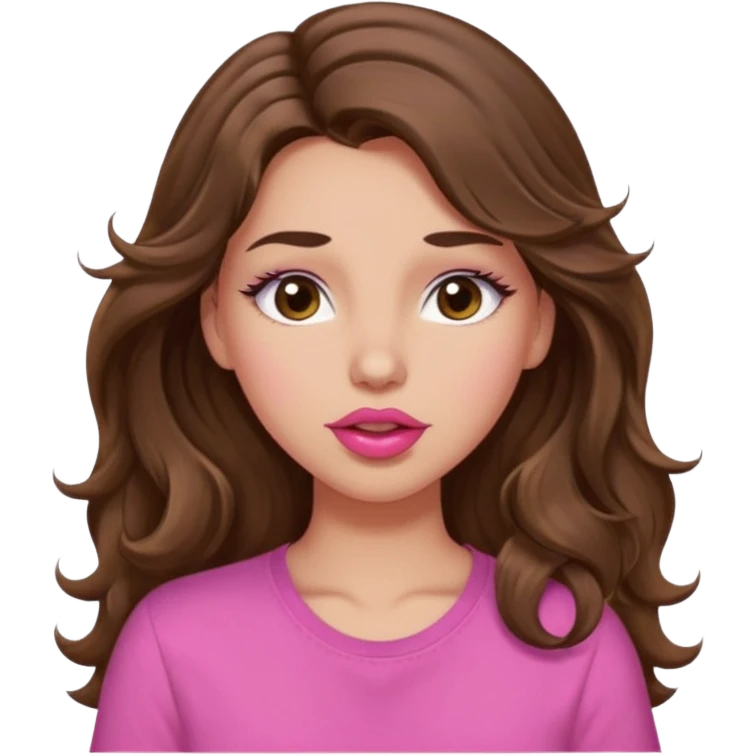 girl with long wavy brown hair, brown eyes, light to medium complexion, in a pink shirt, pink lips, long lashes, puckering lips kissing, winking emoji