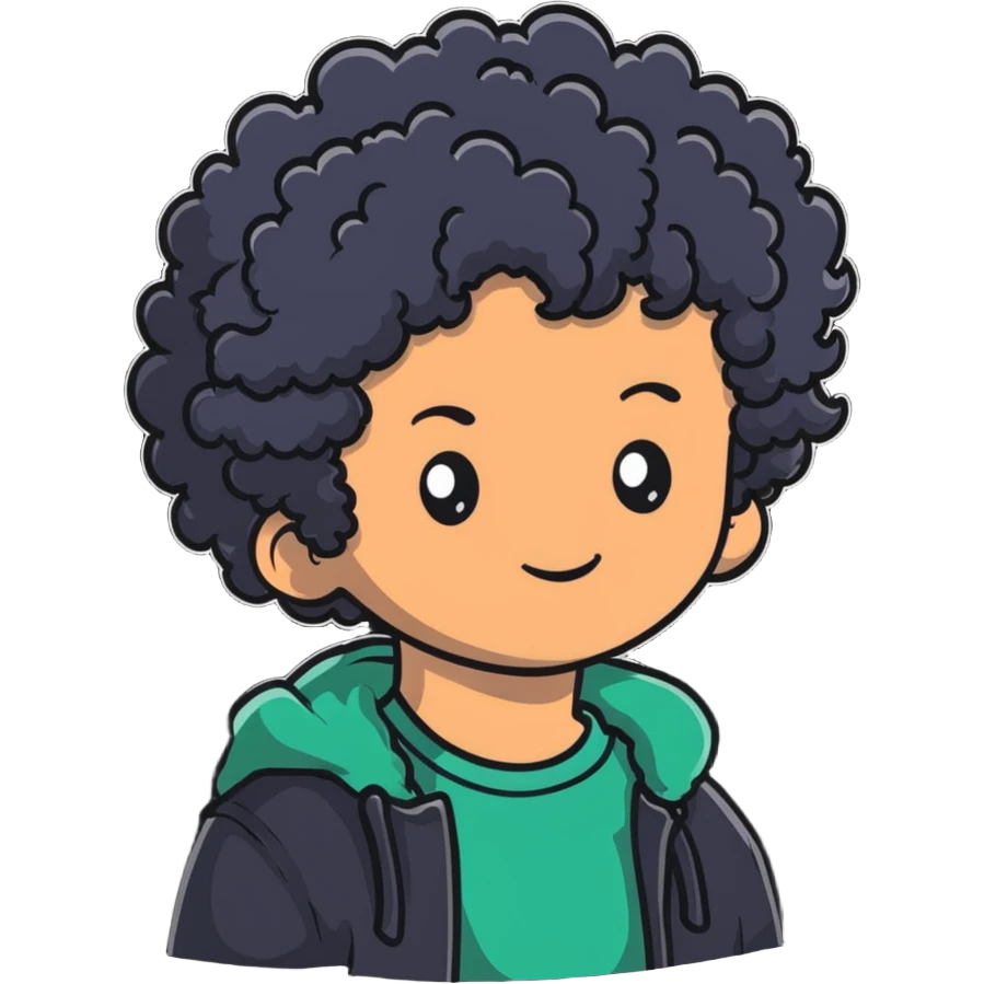 Teen boy with curly hair, casual clothes, friendly expression emoji
