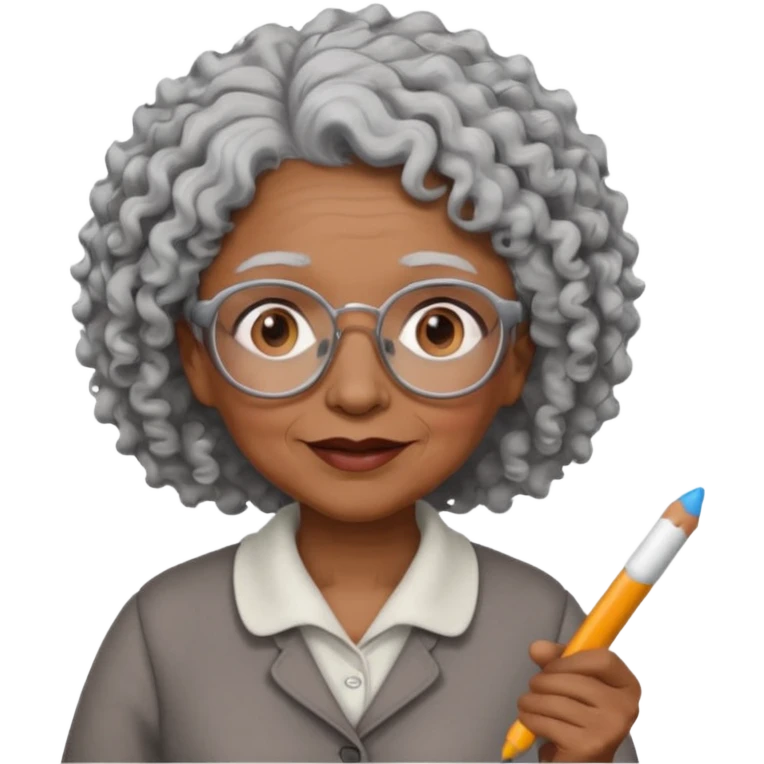 old woman teacher, brown skin, curly grey white hai, wearing glasses, hold chalk on hand emoji