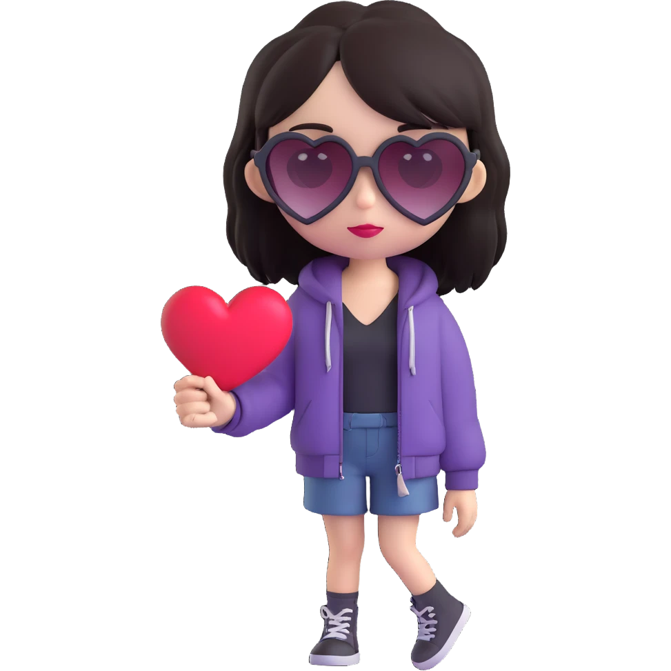 emo girl with heart-shaped sunglasses, dark hair, mysterious vibe emoji