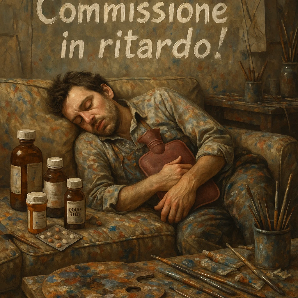 Exhausted artist asleep on a paint-stained sofa, above the Italian text 'Commissione in ritardo!', medicine bottles and hot water bottle as supplies, messy and creative atmosphere, hyperrealism 4K, Italian text. emoji