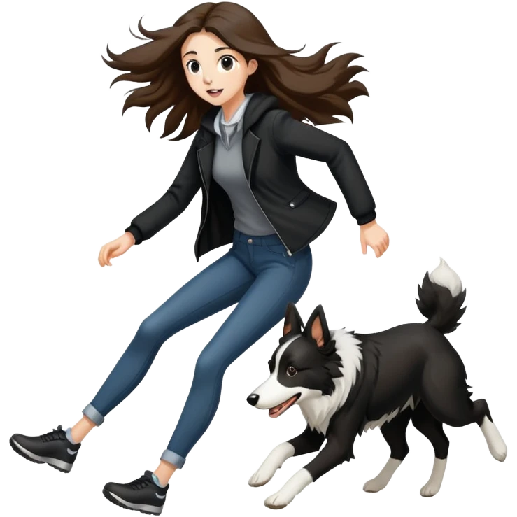A beautiful tall girl with fair skin and long hair wearing a black jacket running with a Border Collie emoji