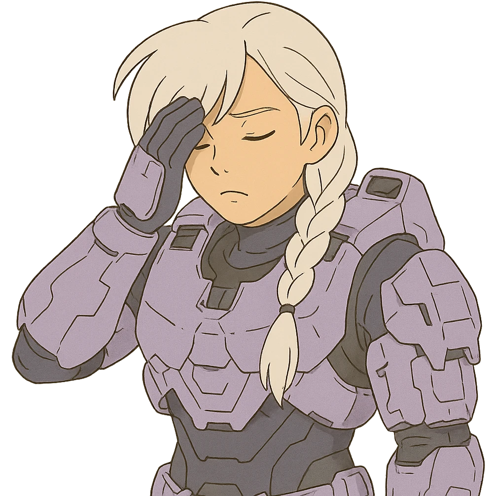 female, wearing reach spartan armor shoulder-unequip, long white braid hair with massive messy front side single bangs, gold yellow eyes, attention pose, D-cup size, HALO:series, no helmet, the armor is lavender color scheme, facepalm, smh, eyes closed emoji