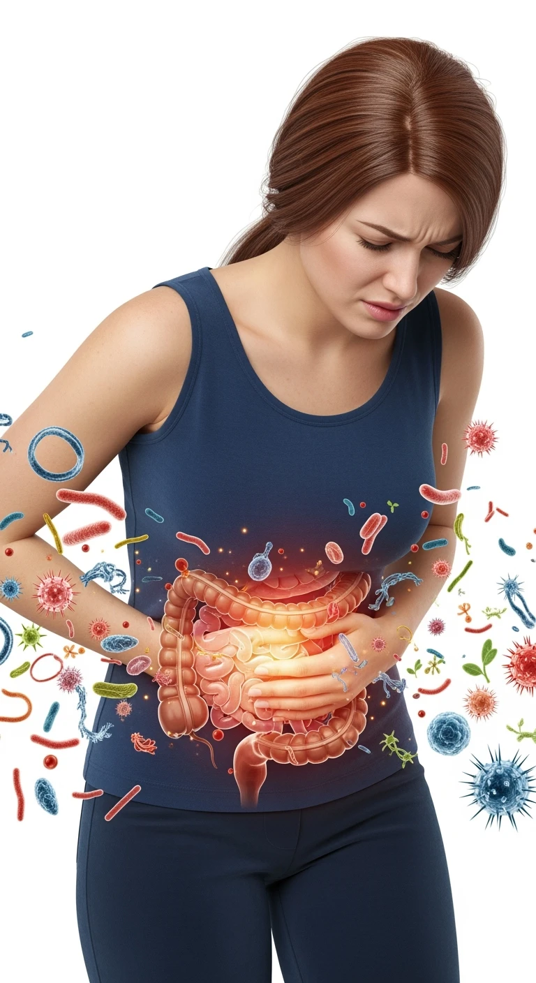 DONNA CON MAL DI PANCIA E INTESTINO UMANO ANATOMICO VISIBILE, BATTERI INTESTINALI FLUTTUANO INTORNO, IPERREALISTICO 4K, SFONDO BIANCO emoji