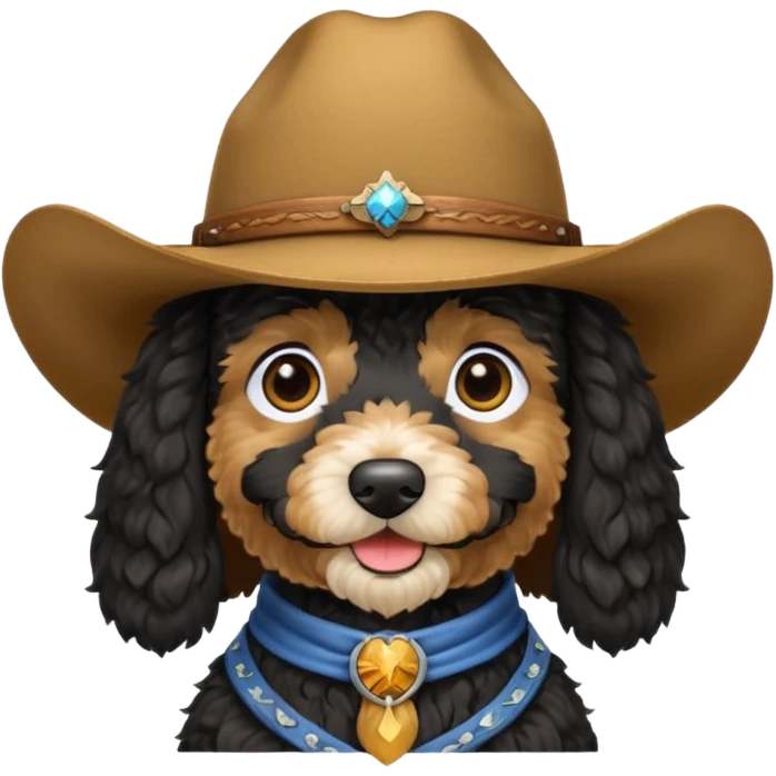 Black golden doodle wearing a cowboy hat emoji