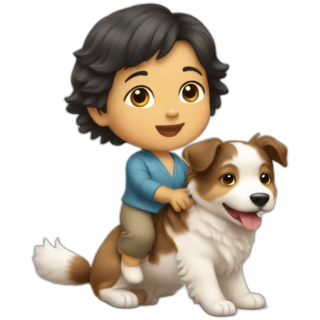 Asian baby riding on australian shepherd dog emoji