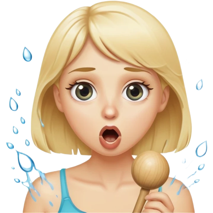 blond woman with wide eyes, holding a wide skin-colored stick with a round knob, both matching her skin tone, the knob has skin texture, water squirting from the knob into her mouth, shocked face emoji