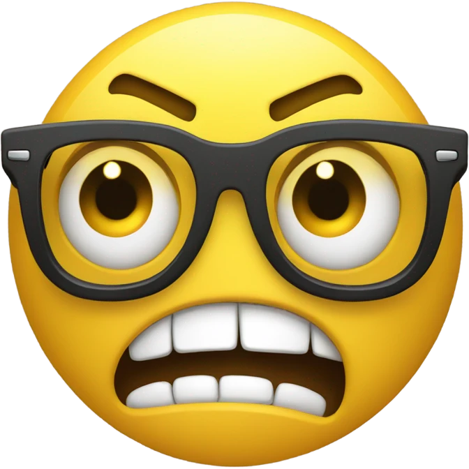 a yellow emoji with very very big glasses the emoji very angry and looks to the right emoji