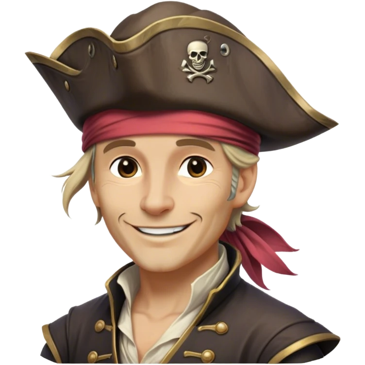 Clash of Clans aesthetic: Beautiful and Majestic Pirate Portrait Emoji, Rendered in serene confidence with a gentle, enigmatic smile and a regal tricorn hat, showcasing a distinguished, weathered build with a timeless bandana and soft, wise eyes in natural skin tone, Simplified yet exquisitely endearing features, highly detailed, glowing with a soft, drowsy maritime light, high shine, calm and heroic, stylized with an air of legendary seafaring elegance, soft glowing outline, capturing the essence of a majestic pirate whose noble spirit inspires epic adventures! emoji