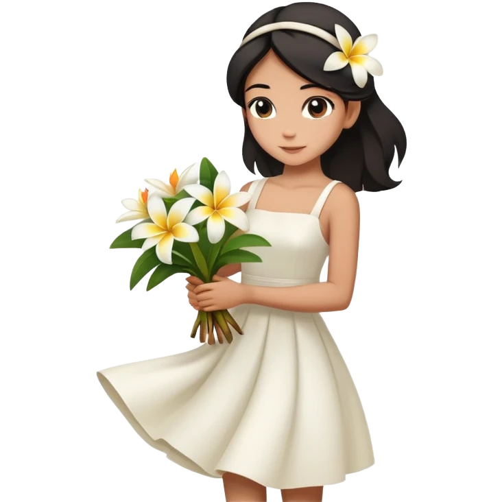  A girl with a black half-up half-down hairstyle, and a white dress, enjoying the spring breeze.Holding a bundle of frangipani emoji
