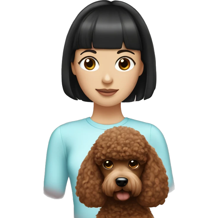 white girl with black hair and bangs holding a brown poodle emoji