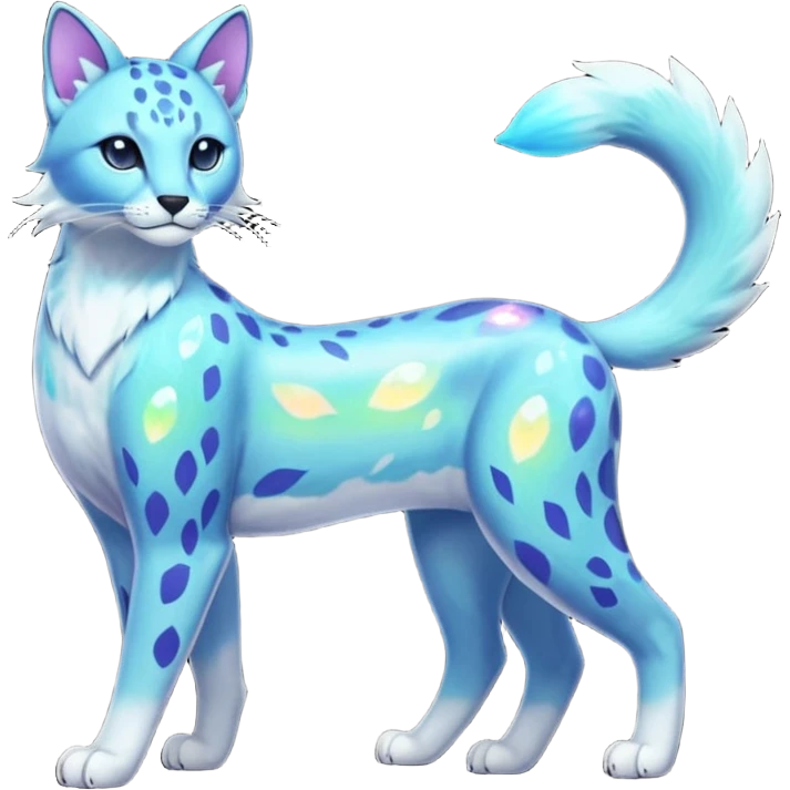 Colorful Iridescent Shiny Pastel Nebulae Glowing Neon Bioluminescent Bright Icy Elemental Pawny Majestic Elegant Thin Long Mature Realistic Liepard-Amaura-Litten-Sprigatito-Caracal-Lynx-Genet-Civet-Glaceon-Pokémon-fusion-creature (full body) emoji