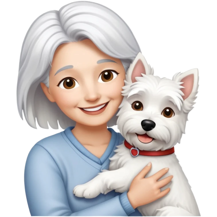 One silver-haired 60-ish lady smiling and hugging single westie dog emoji