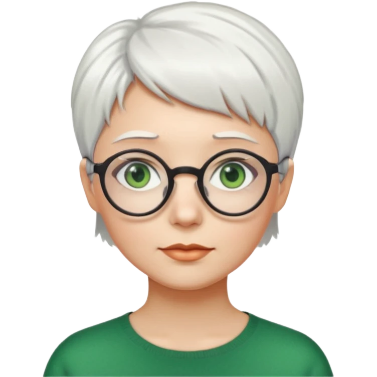visage femme a lunettes ronde avec cheveux courts blancs aux yeux verts emoji