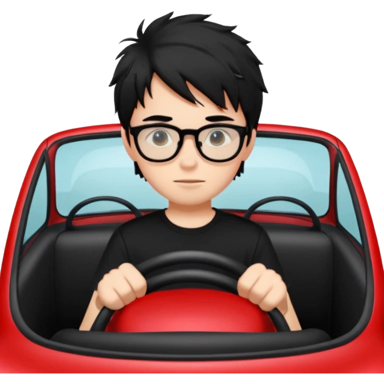 generate a pretty bratz fair skinned boy with black messy hair wearing a black tshirt driving a red car. Glasses on.  emoji