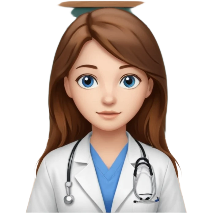 inside a classroom at university that says nursing school on the board with a pretty female nursing student with long brown hair, blue eyes emoji