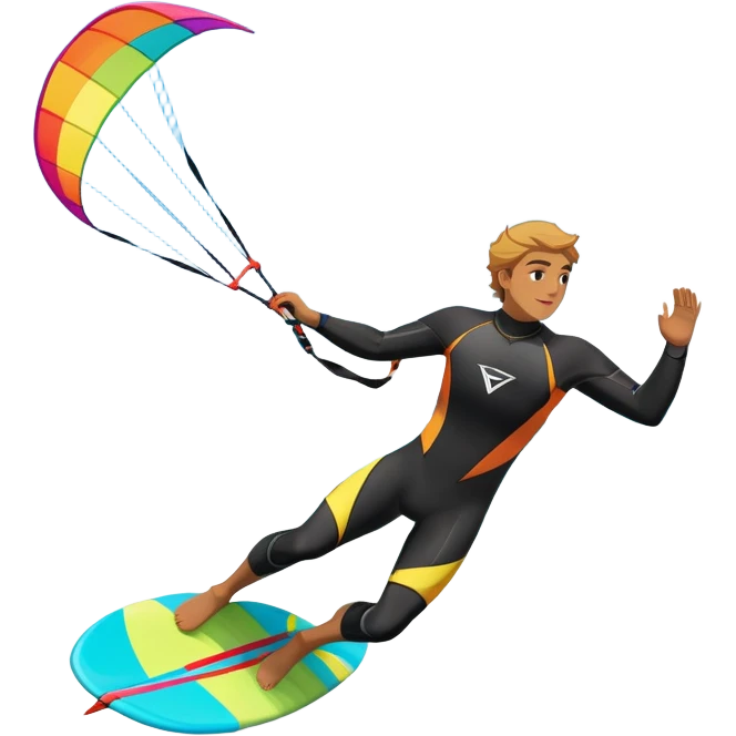 A kite surfer gliding across the ocean, with a colorful kite soaring high in the sky and the surfer carving through the waves. The scene captures the energy and freedom of the sport, with the sun shining and the ocean's waves splashing around. emoji