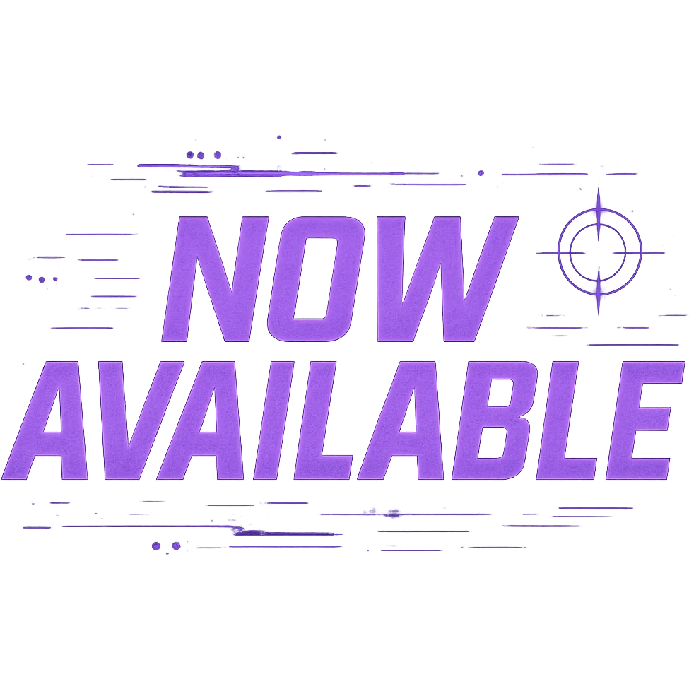 "now available" cyberpunk style text splash overlay lavender emoji