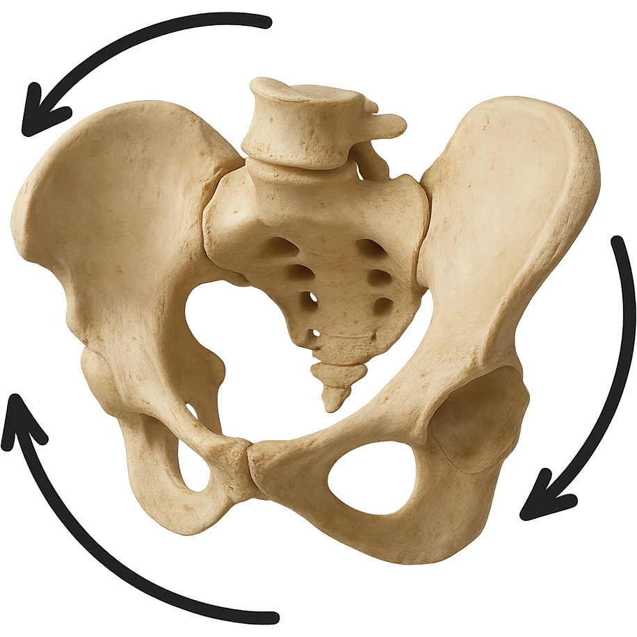 realistic human pelvic bone viewed from the front, rotated clockwise (to the right for the viewer), with clear arrows circling clockwise around the pelvis to highlight the rotation, medical anatomical style, no background emoji
