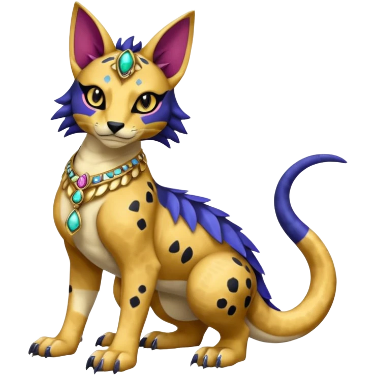 Egyptian furry hyper-realistic colorful with black rosette-splotches, scaley Bastet-Liepard-Noibat-Gatomon-Garchomp-Digimon-Fakémon-Pokémon-creature (full body) emoji