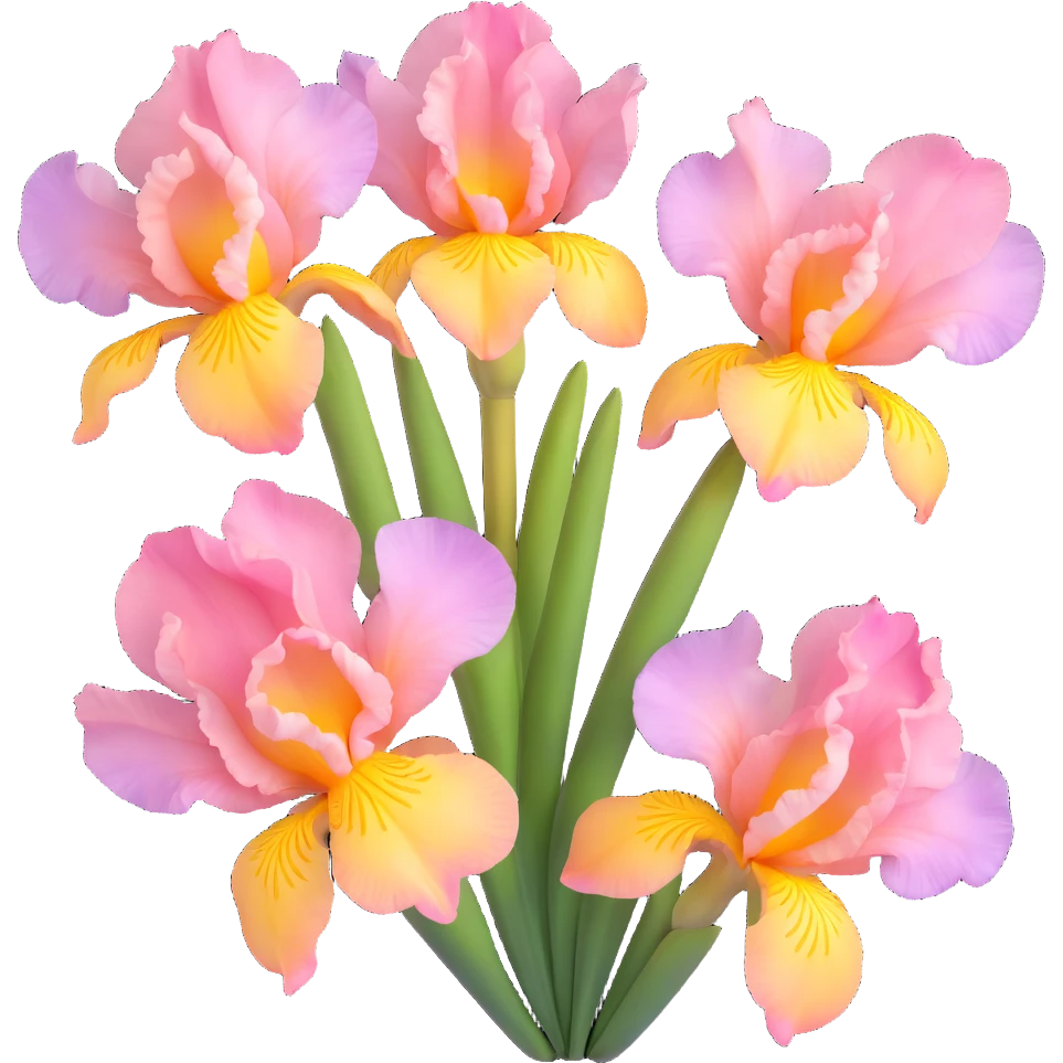 iris flowers with delicate pink petals and yellow accents, high gloss, soft shadows, realistic and vibrant, iOS 3D emoji style emoji