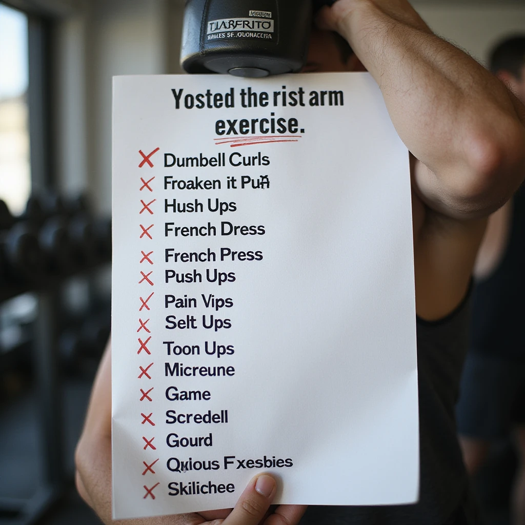 hyperrealistic arm exercise list on paper with exercises like dumbbell curls, french press, push-ups, some exercises marked with red X as incorrect, 4K resolution, sharp details, realistic gym atmosphere emoji