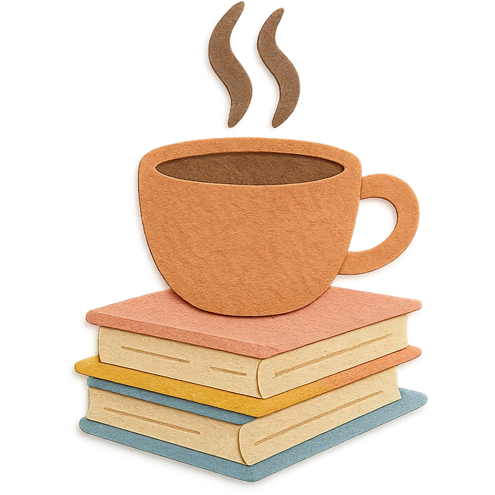 coffee cup with stack of books, cozy hand-drawn pastel style emoji