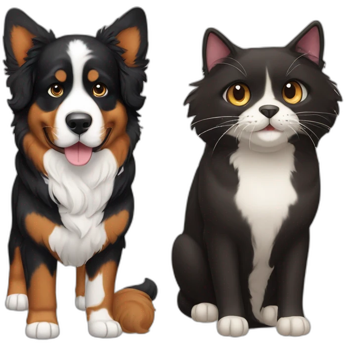 Bernese dog next to A brown and black cat without white fur emoji