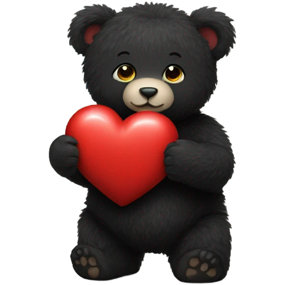 black fluffy baby bear holding red heart emoji