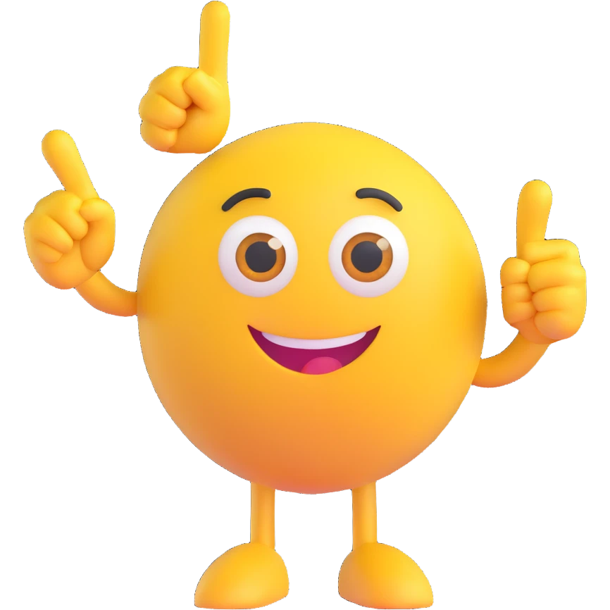 A yellow round emoji character with big eyes and a confident smile, clearly pointing both index fingers at itself. Strong “ME!” expression. Bold cartoon style, isolated on white emoji
