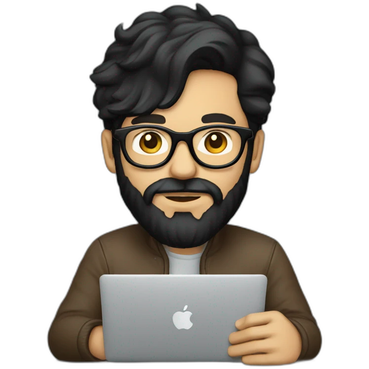 Designer with black hair, beard and glasses working with MacBook and drinking cappuccino  emoji