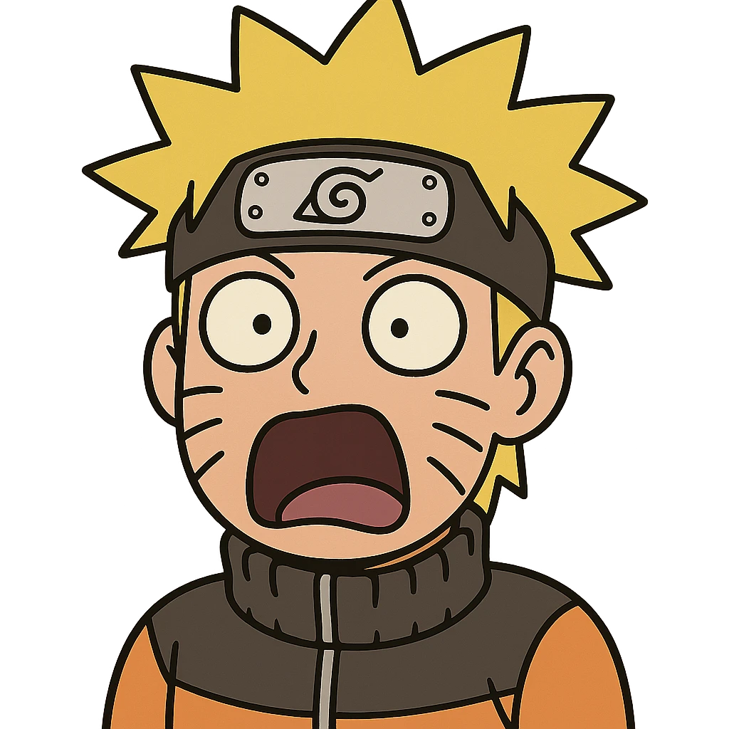 shocked Naruto with spiky blond hair, wide eyes, mouth open, orange headband, simplified anime style for emoji emoji