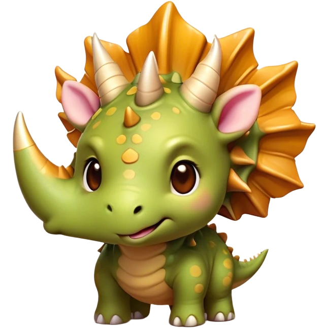 Cinematic Cute Triceratops Portrait Emoji, Head tilted playfully with a gentle smile, featuring a compact, sturdy body with three adorably prominent horns and a charmingly frilled head, Simplified yet irresistibly adorable features, highly detailed, glowing with a warm, inviting earthy glow, high shine, affectionate and lively, stylized with a touch of whimsical dinosaur charm, soft glowing outline, capturing the essence of a mischievous yet endearing Triceratops that seems as if it could trot out of the screen into your arms! emoji